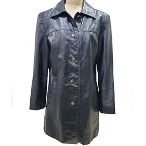 Danier leather coat women's 10-12 black pockets button closure FLAWED LINING